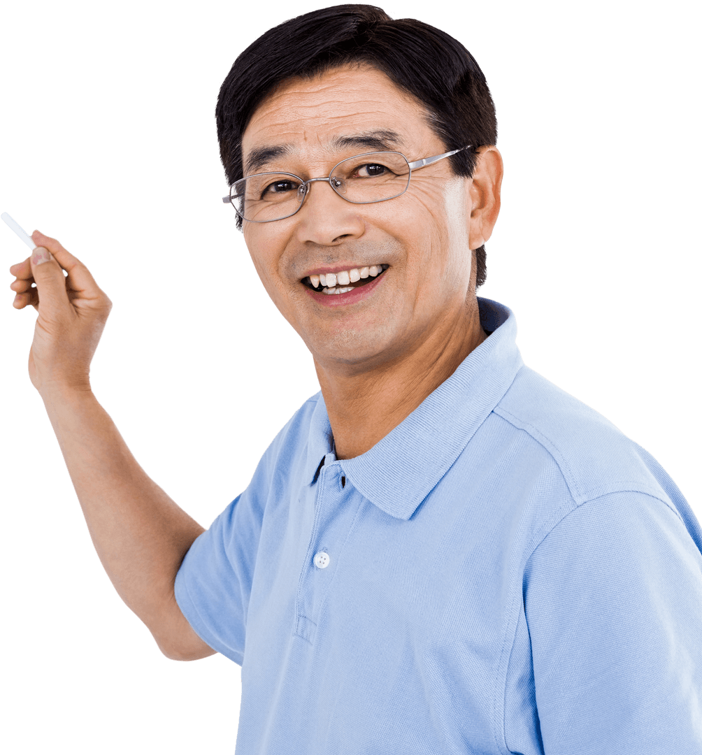 Friendly Elderly Man in Glasses Transparently Pointing