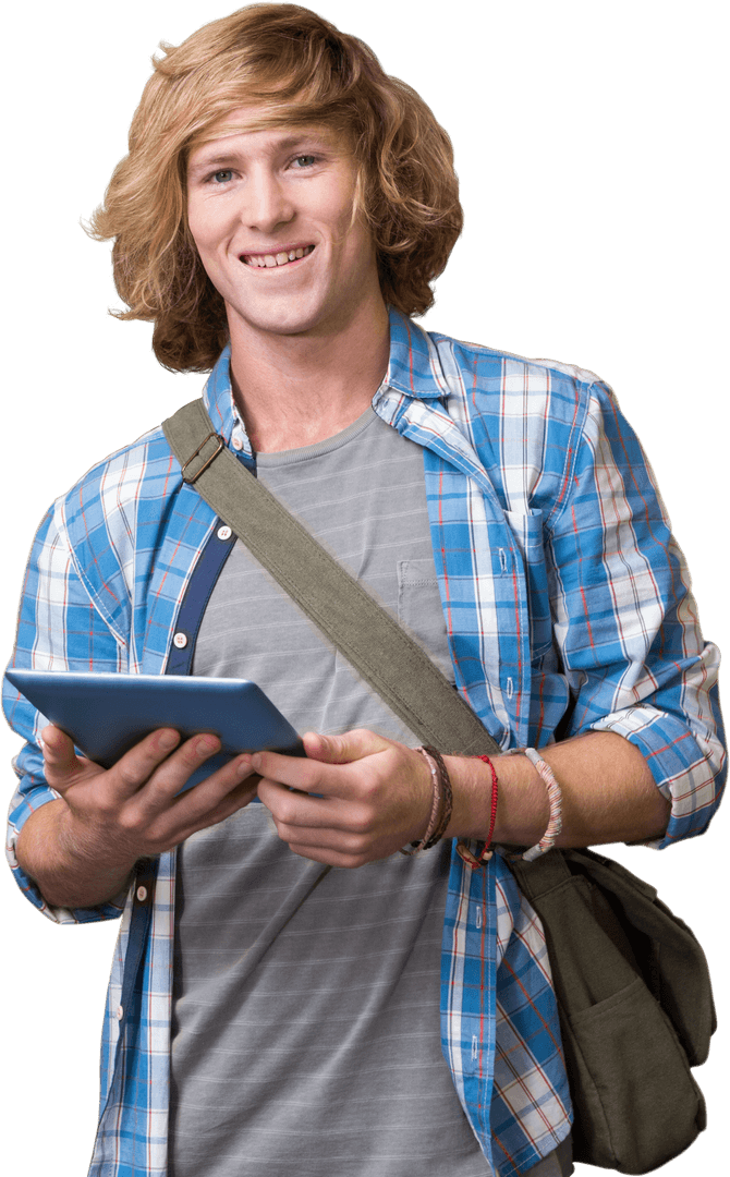 Modern Student Using Tablet with Transparent Background