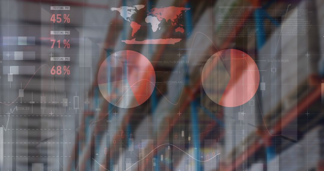 Financial Data Overlay on Empty Warehouse Reflecting Global Shipping Trends