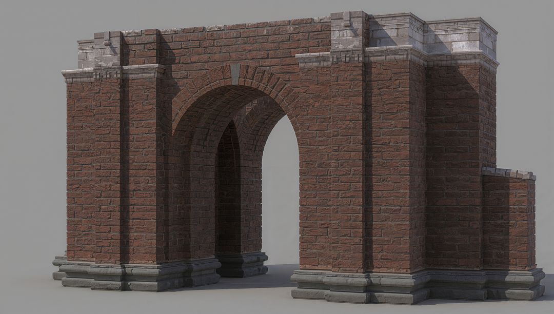 Red Brick Archway Showcasing Stone Cornice and Plinth, Classical Masonry Element