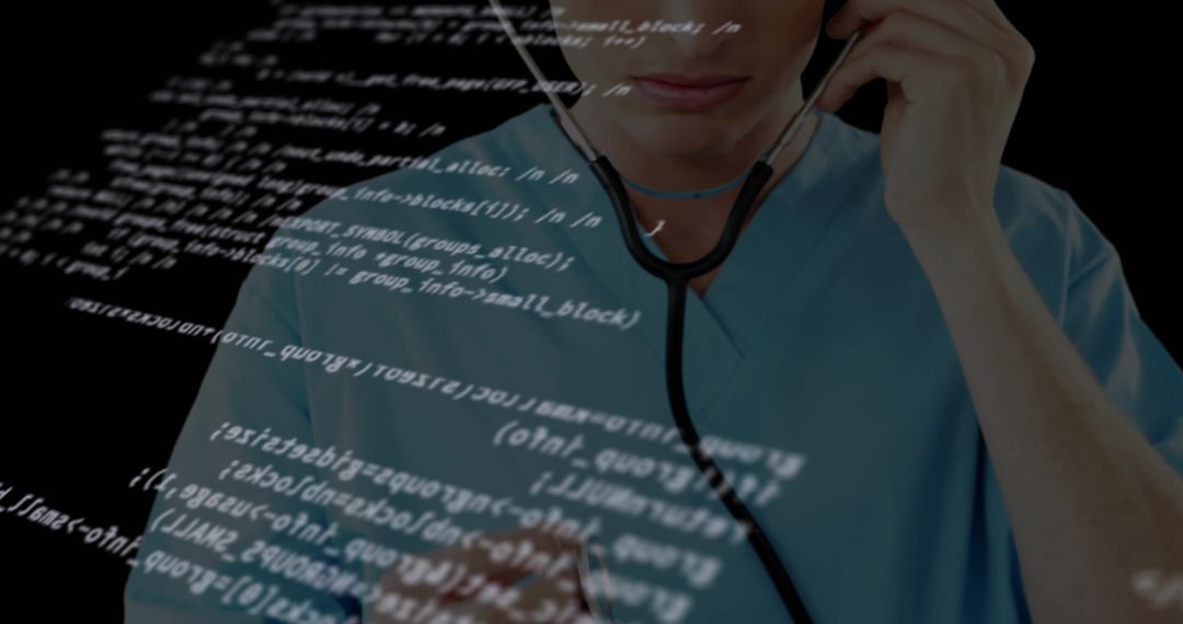 Doctor in Scrubs with Stethoscope and Floating Code Illustrating Digital Innovation