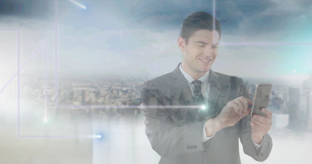 Businessman Engaging with Smartphone in Futuristic Networked Cityscape