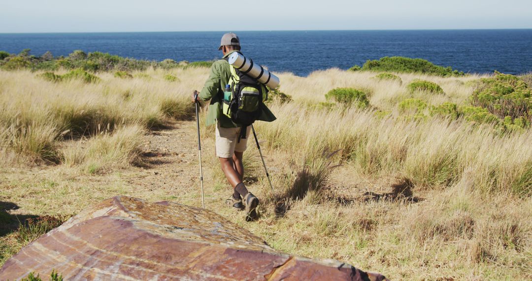 African american man hiking with hiking poles in countryside by the coast - Free Images, Stock Photos and Pictures on Pikwizard.com