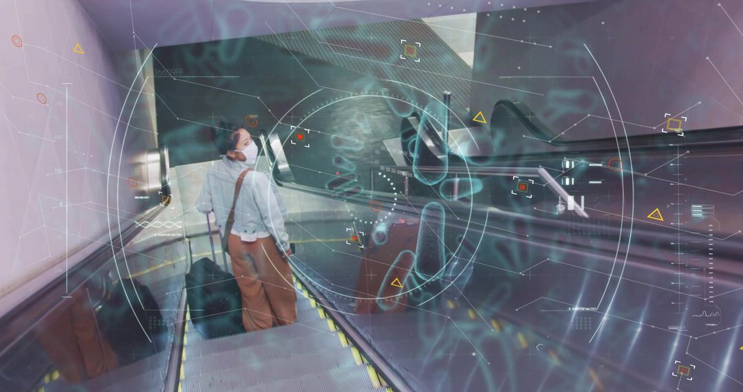 Businesswoman with Suitcase Descending Escalator in Futuristic Terminal