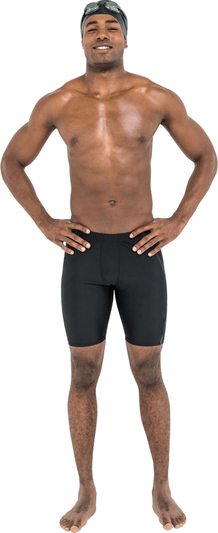 Confident Swimmer Smiling in Black Swimwear Isolated on Transparent Background