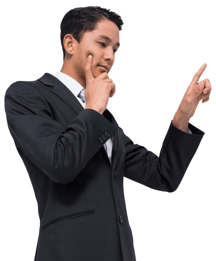 Thoughtful Biracial Man Pointing on Transparent Background