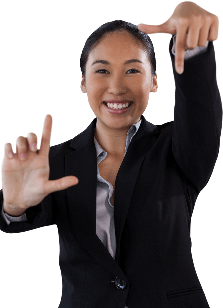 Transparent Portrait of Smiling Businesswoman Doing Finger Frame Gesture
