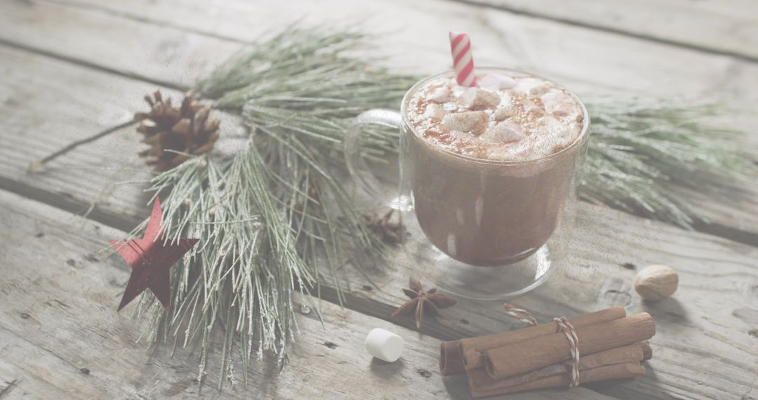 Cozy Winter Hot Chocolate with Pine Branch Decorations