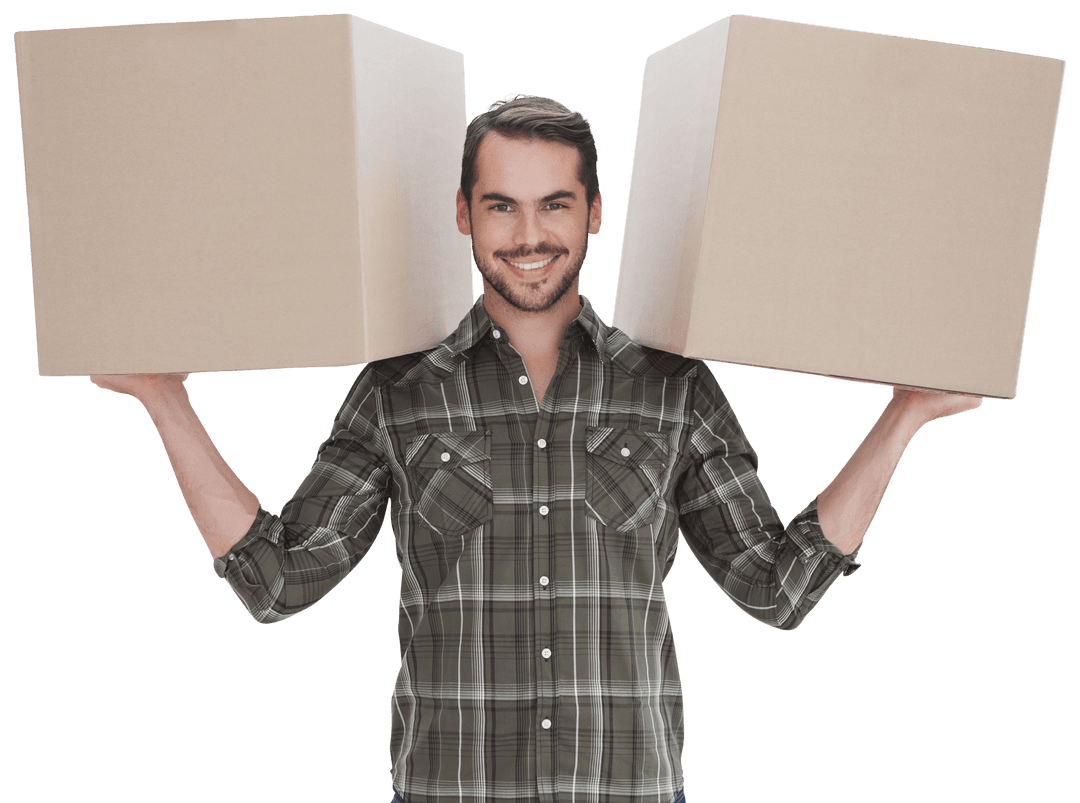 Man Carrying Cardboard Boxes on Transparent Background