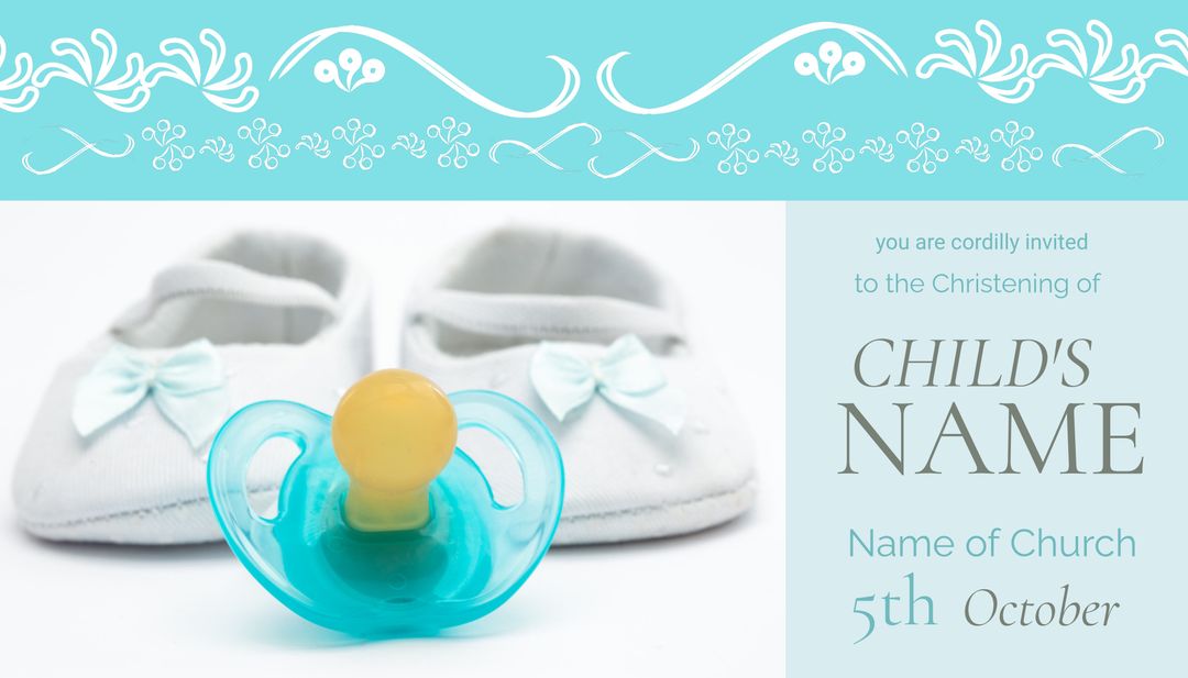 Christening Invitation Template with Baby Shoes and Pacifier - Download Free Stock Templates Pikwizard.com