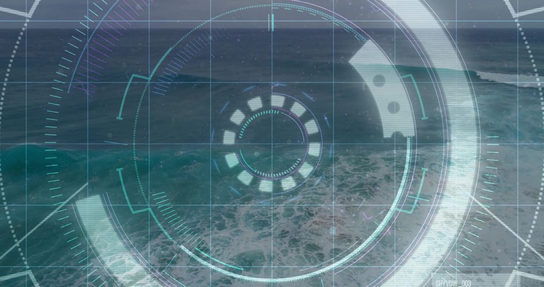 Futuristic HUD Scanning Ocean Horizon with Circular Reticle and Aerial Coastal Waves