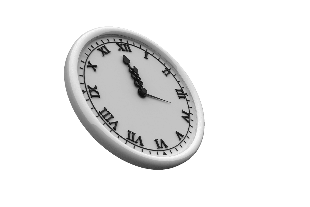 3D White Clock with Roman Numerals on Transparent Background