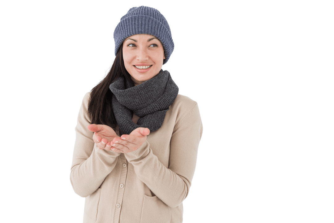 Cheerful Woman with Open Hands Embracing Cold Weather