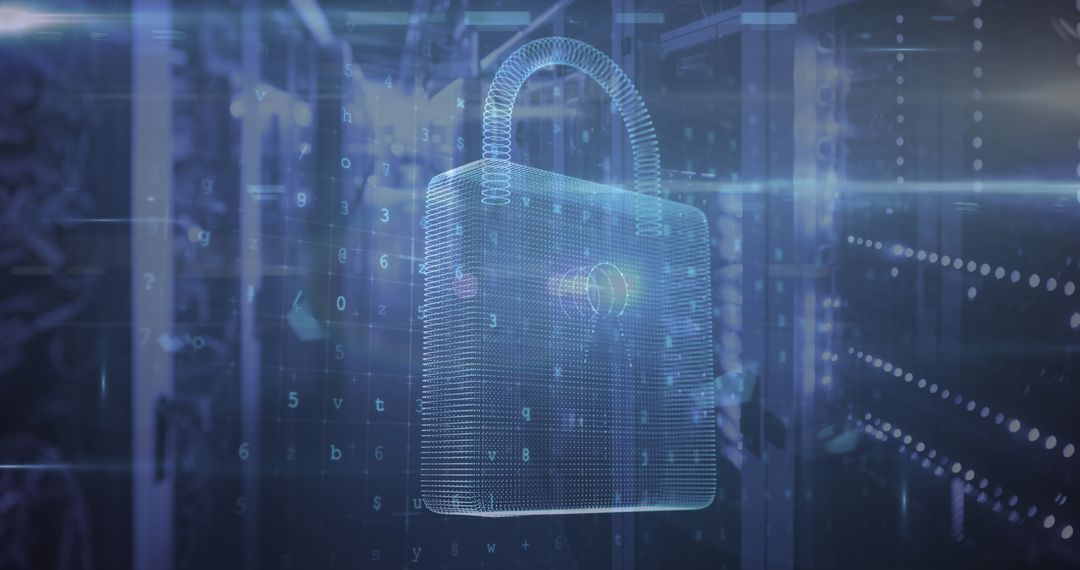 Digital Padlock Overlay on Server Room for Cybersecurity