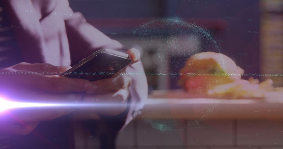 Hands Typing on Smartphone with Digital Graph Overlay