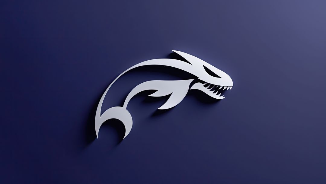 Futuristic silver megalodon emblem on navy blue backdrop