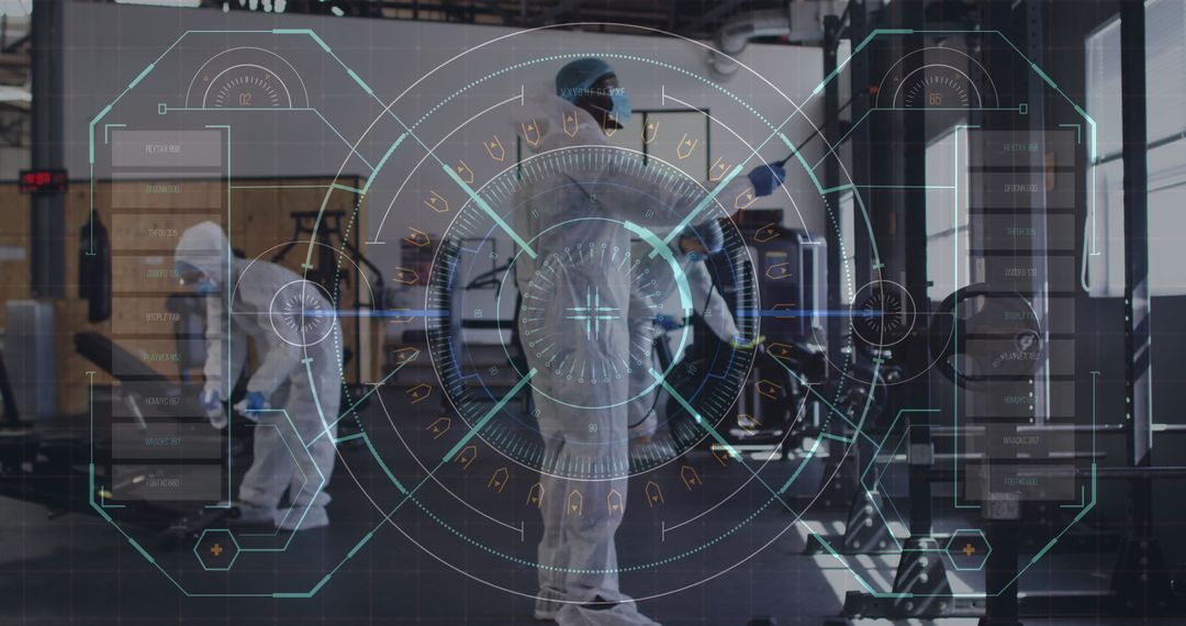 Health Workers Using Disinfectants in Gym with Futuristic Interface
