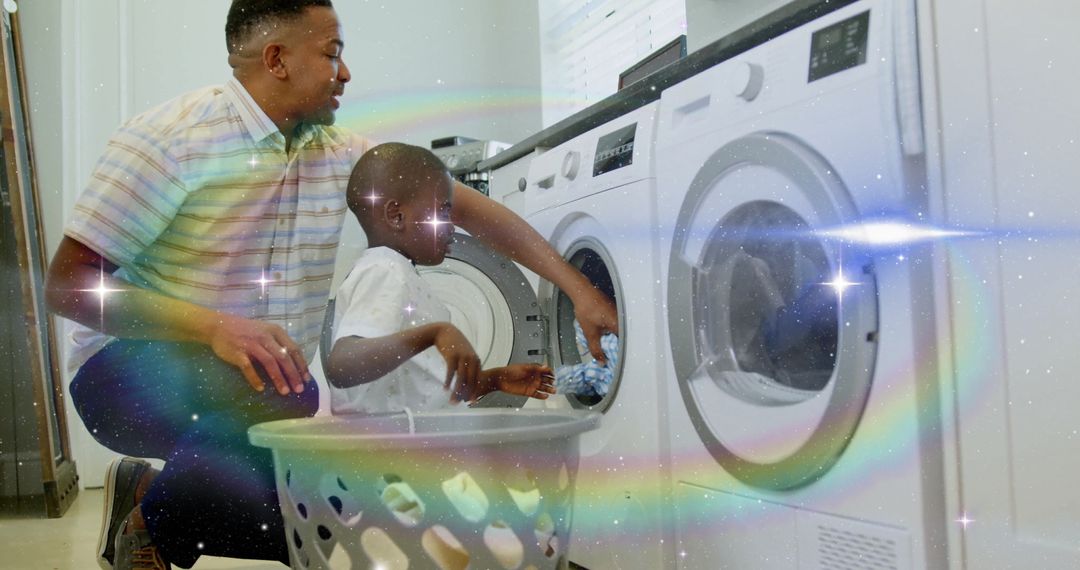 Father and Son Bonding While Loading Laundry Machine
