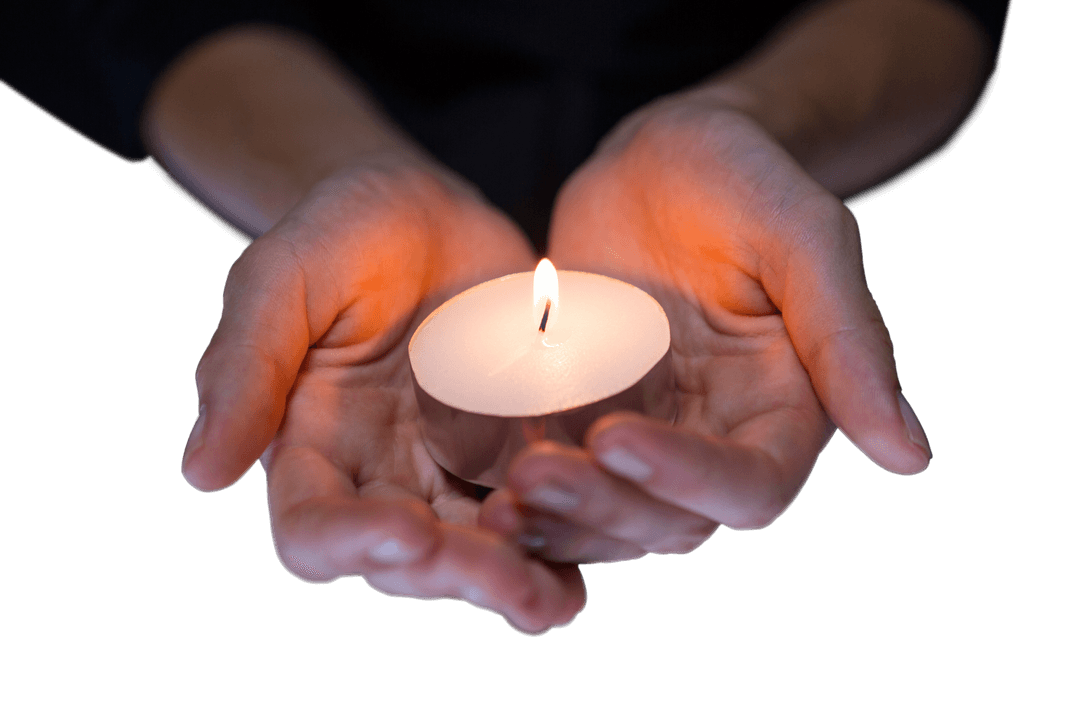 Hands Gently Holding Burning Candle on Transparent Background
