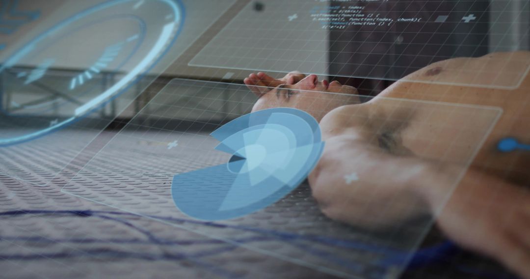 Male Athlete Lying Supine on Mat with Holographic Fitness Monitoring UI and Data Overlays