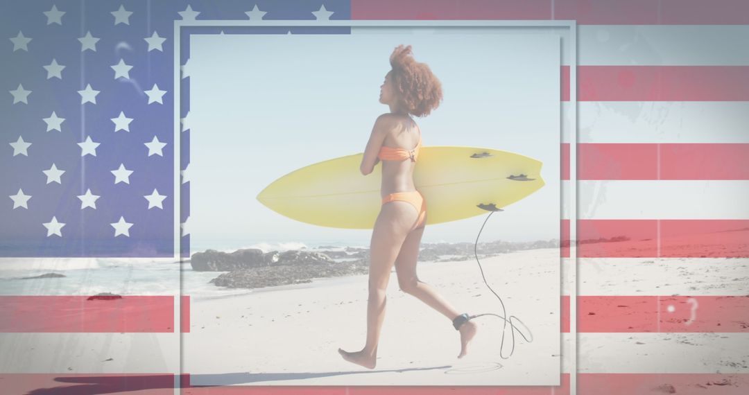 American Surfer with Flag Overlay Celebrating Freedom