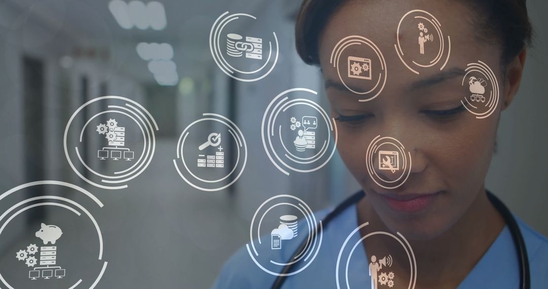 Health Technology Overlay on Biracial Nurse's Face