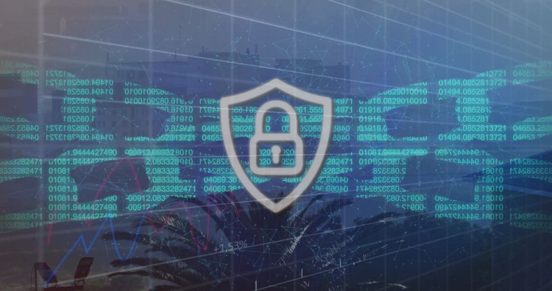 Cybersecurity Shield with Digital Code Over Urban Background