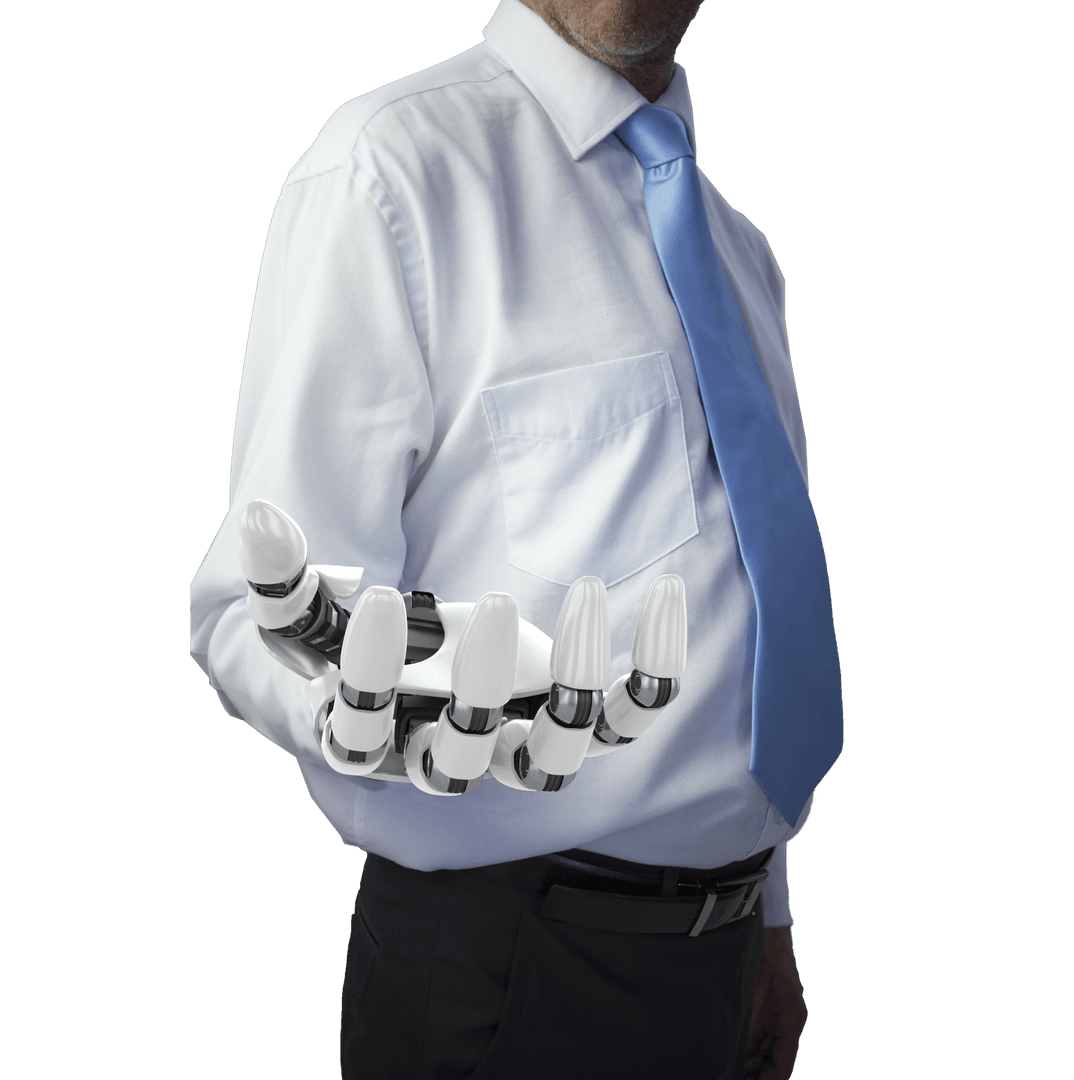 Transparent Businessman with Robotic Artificial Hand Gesture
