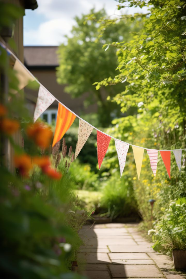 Colorful Bunting Banners in Sunlit Garden Pathway - Free Images, Stock Photos and Pictures on Pikwizard.com