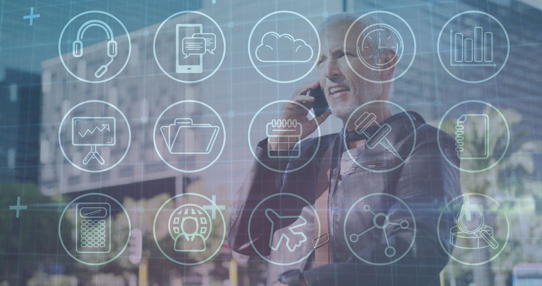 Businessman Communicating on Smartphone with Digital Technology Interface