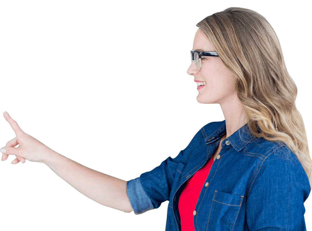 Transparent Woman With Glasses Pointing Finger and Smiling