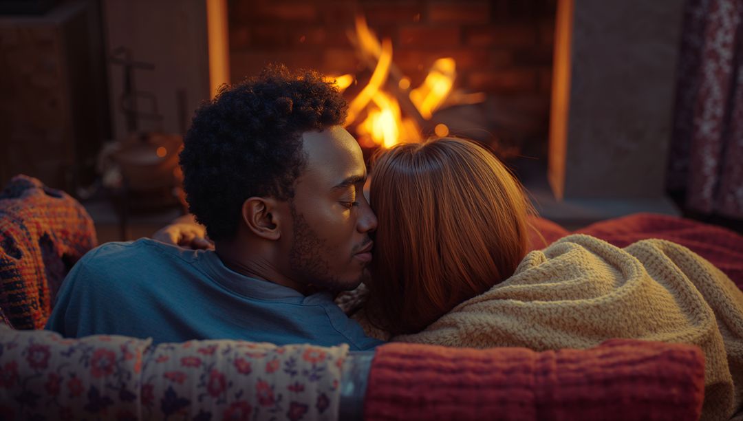 Couple Snuggling by Fireplace Creating Cozy Winter Atmosphere