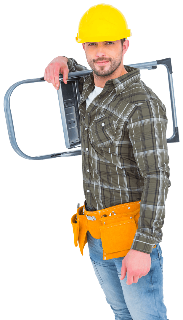 Transparent Smiling Worker with Ladder Ready for Job