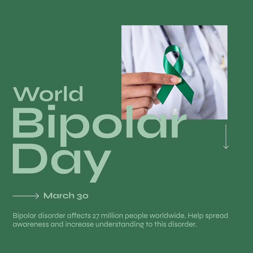 World Bipolar Day Awareness with Green Ribbon Symbol