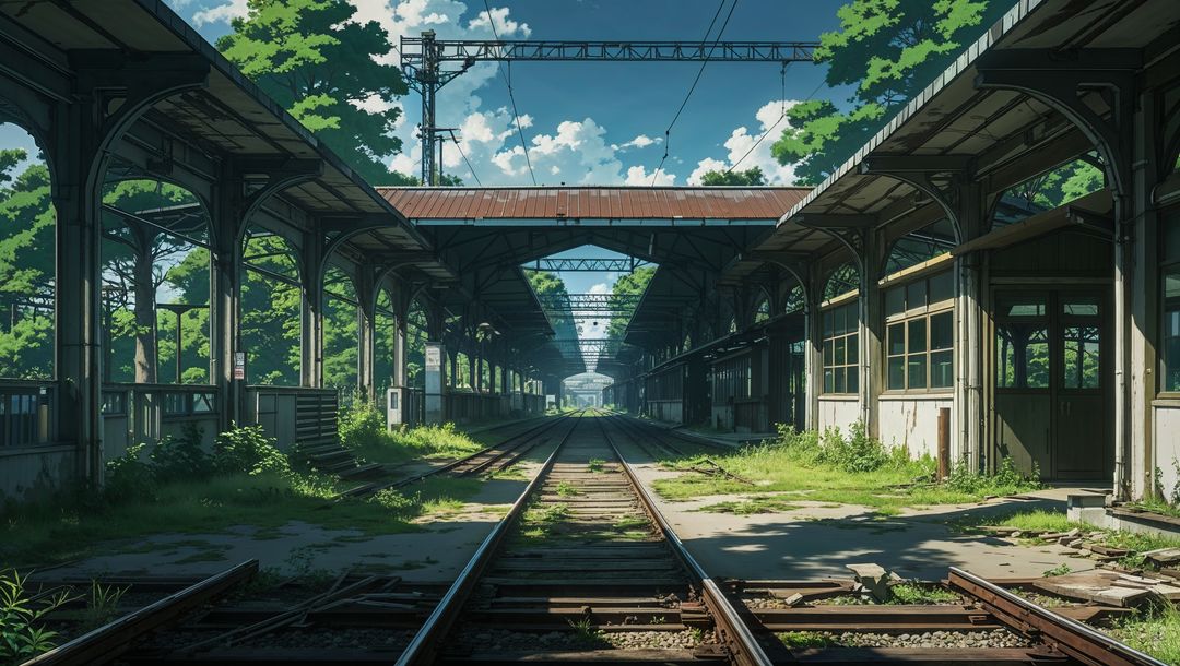 Abandoned anime railway platform with rustic charm