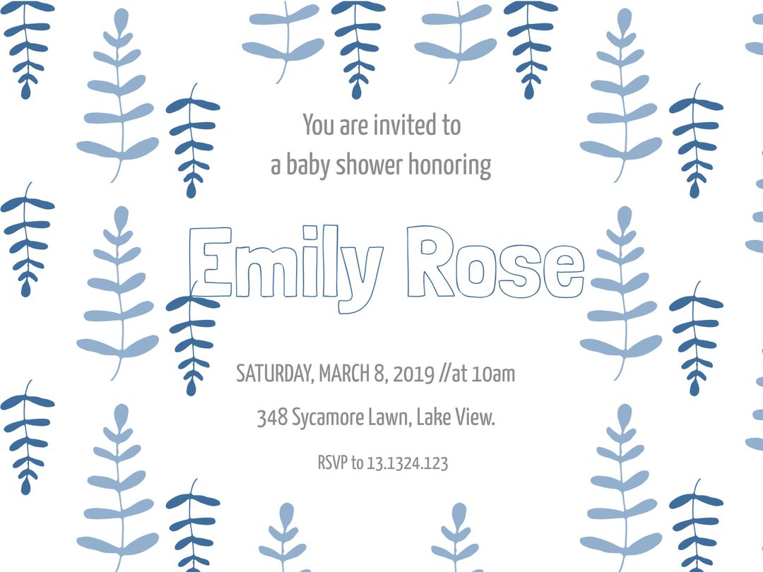 Delicate Botanical Baby Shower Invitation Design with Blue Foliage
