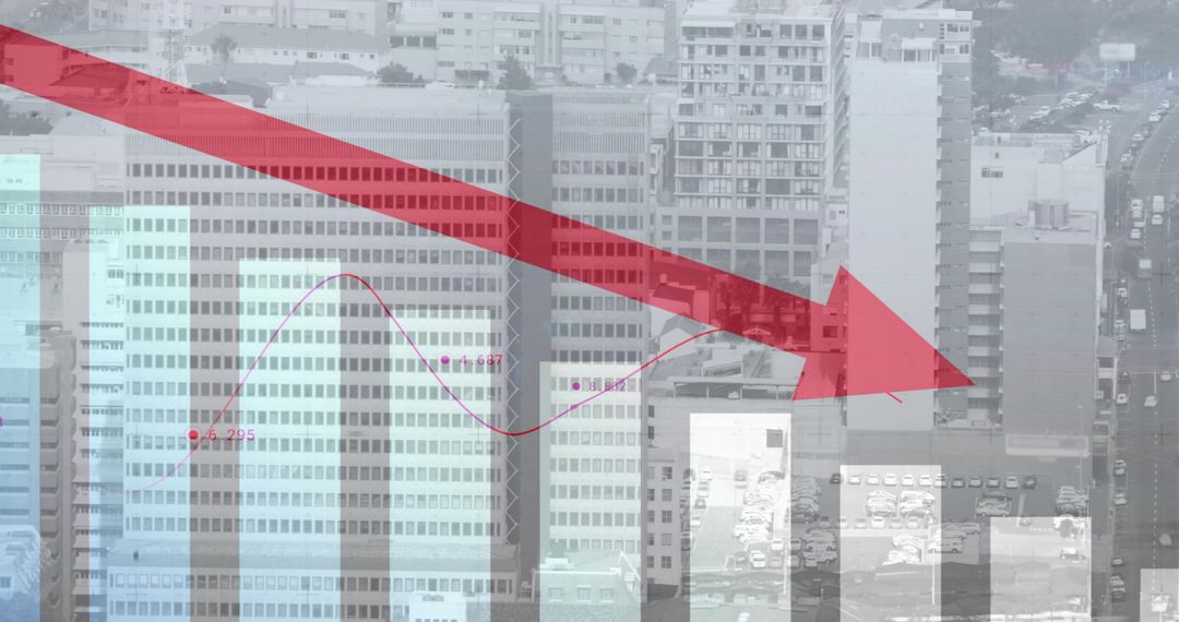 Red Downward Arrow Crossing Urban Skyline with Teal Bar Graph and Magenta Trend Line Overlay