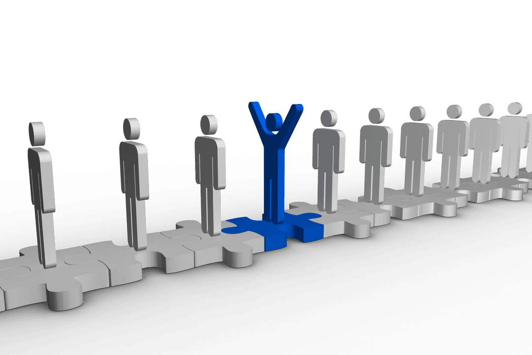 Standing Blue Figure on Puzzle Among Gray Figures, Transparent Background