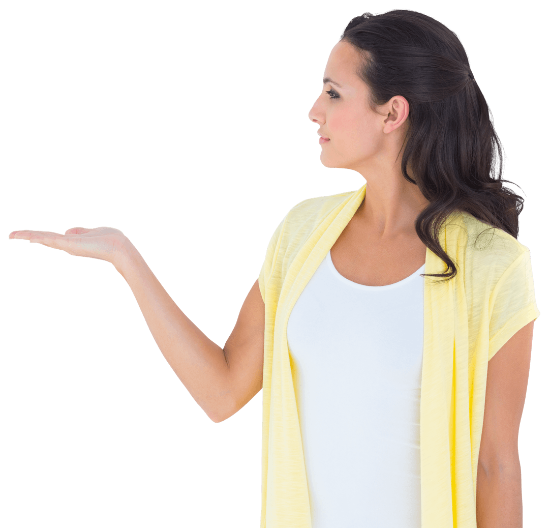 Profile of Brunette Woman with Open Hand on Transparent Background