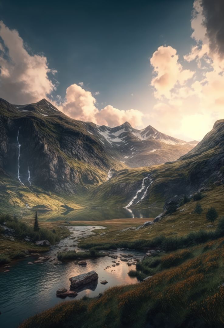 Picturesque Mountain Valley with Stream at Sunset - Free Images, Stock Photos and Pictures on Pikwizard.com