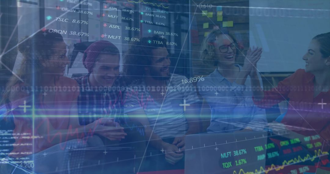 Creative Team Brainstorming with Futuristic Stock Market Overlay