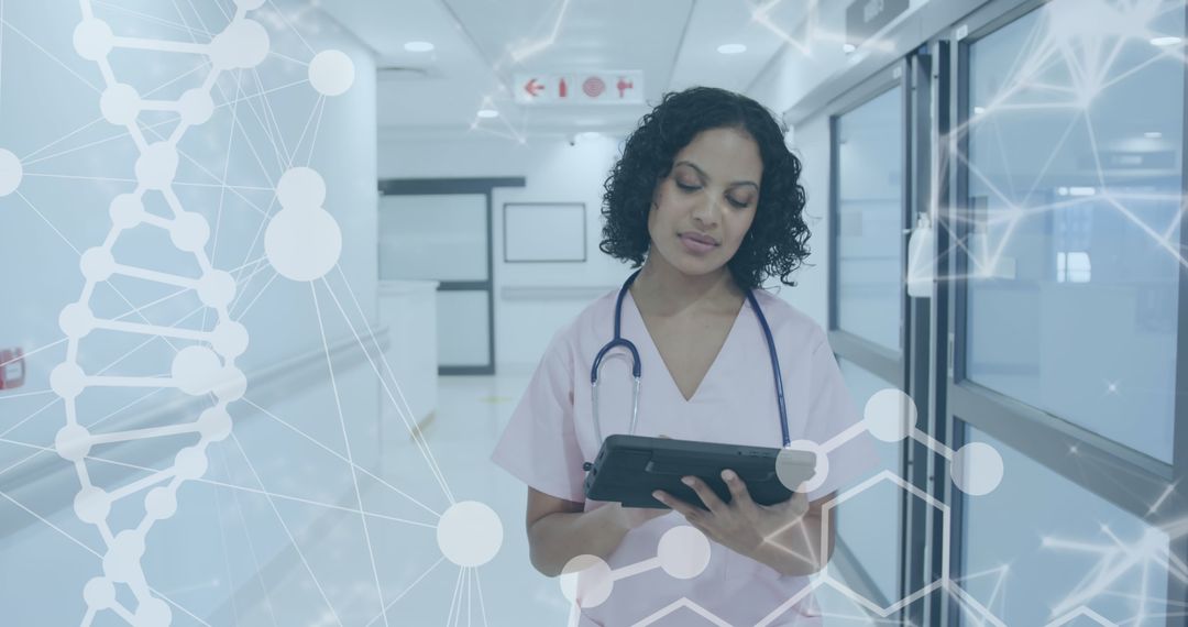 Healthcare Professional Analyzing Data with Molecular Structures