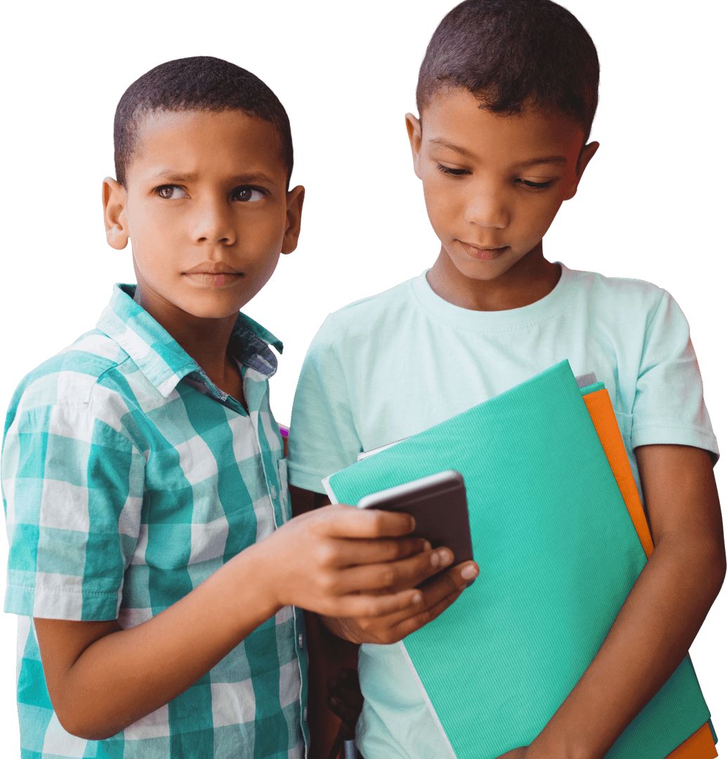 Transparent Background Two Boys Using Smartphone in Casual Outfits