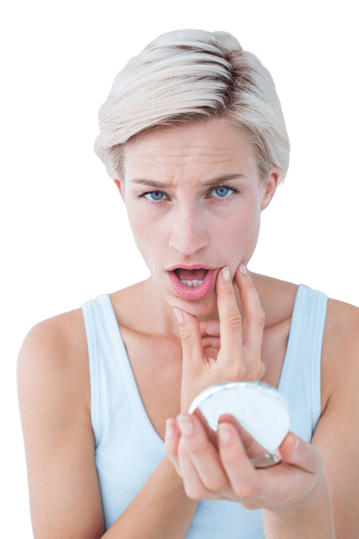 Shocked Woman Examining Face in Transparent Background