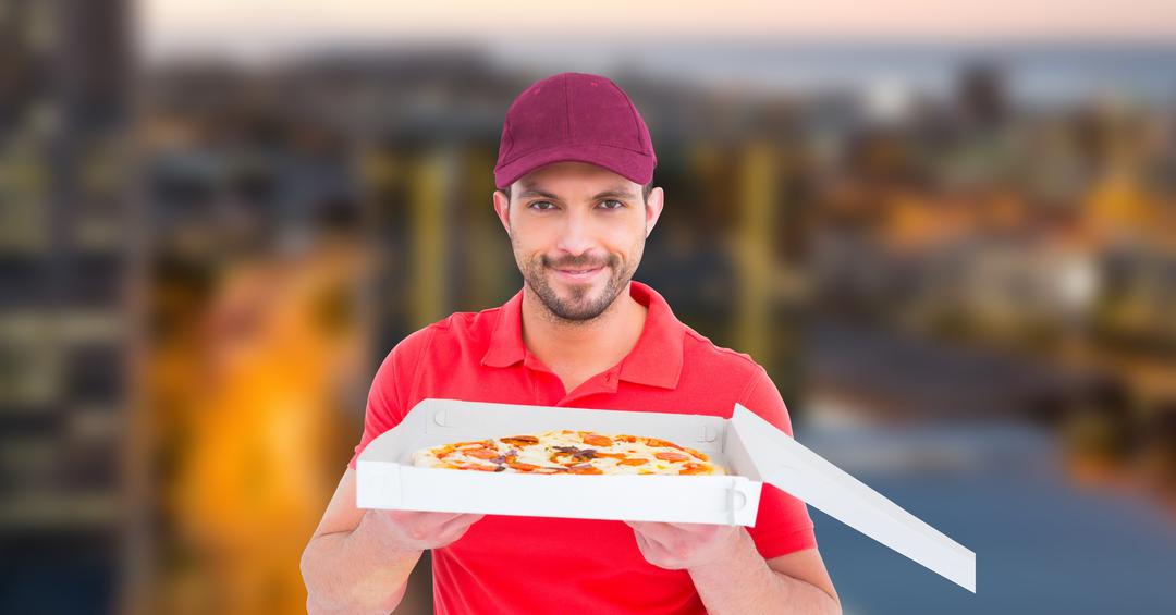 Confident delivery man holding pizza - Free Images, Stock Photos and Pictures on Pikwizard.com