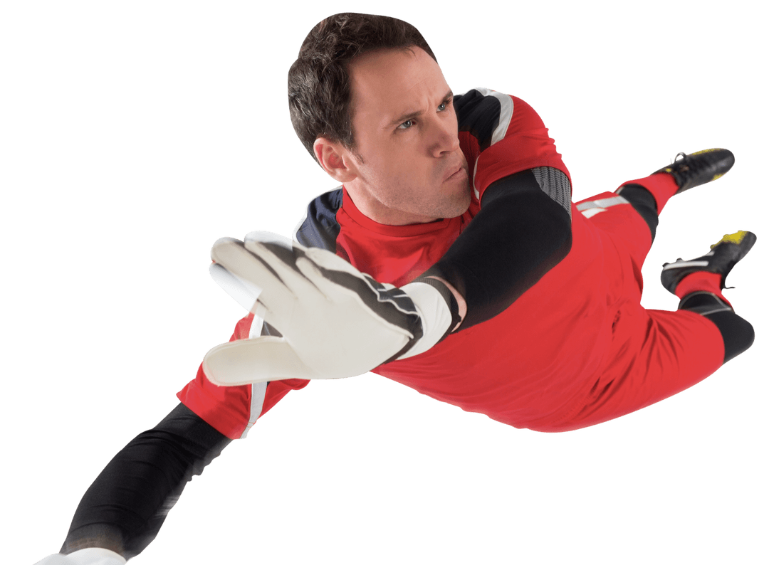 Caucasian Goalkeeper Diving to Catch Soccer Ball Transparent Background