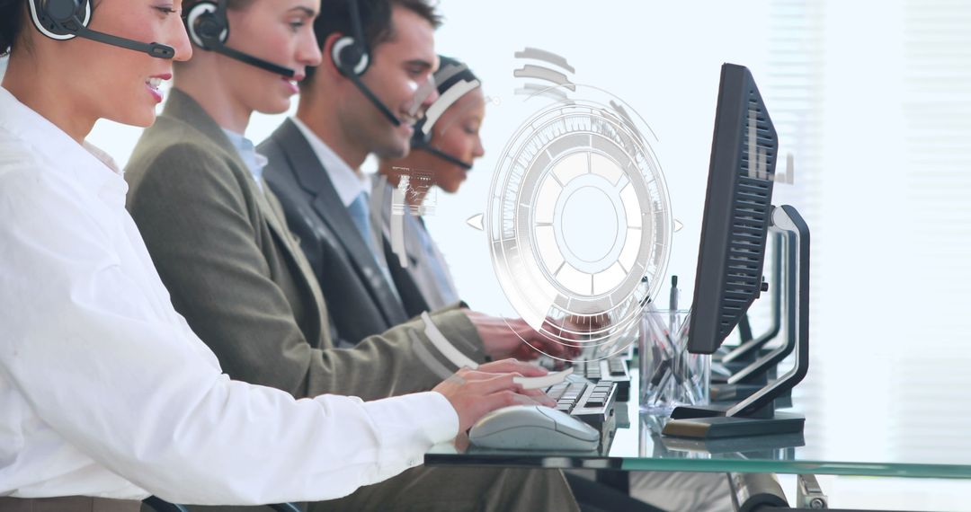 Diverse Customer Support Team with Futuristic Data Interface