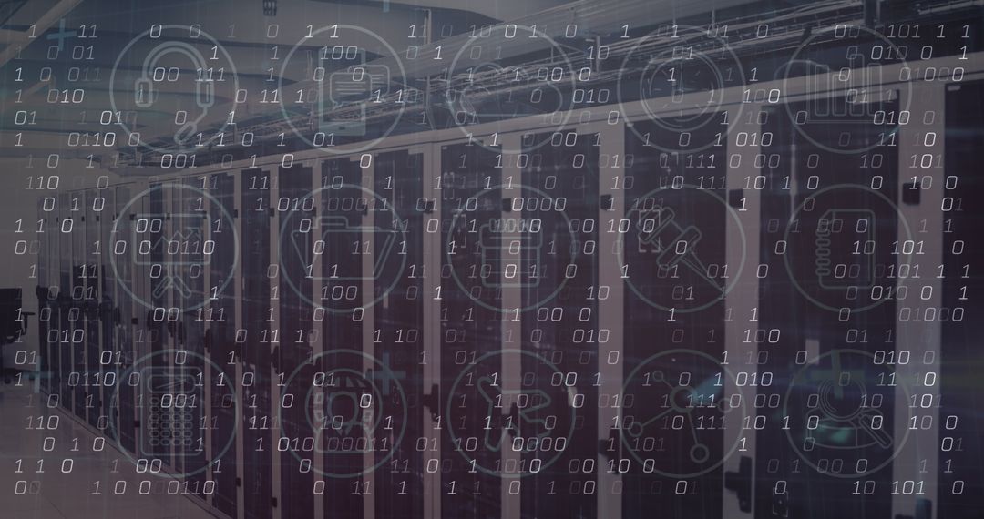 Binary Numbers and Digital Icons Overlaying Modern Server Room