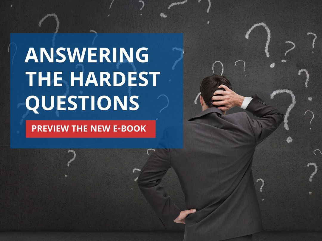 Perplexed Businessman Amidst Question Marks Promotes E-Book