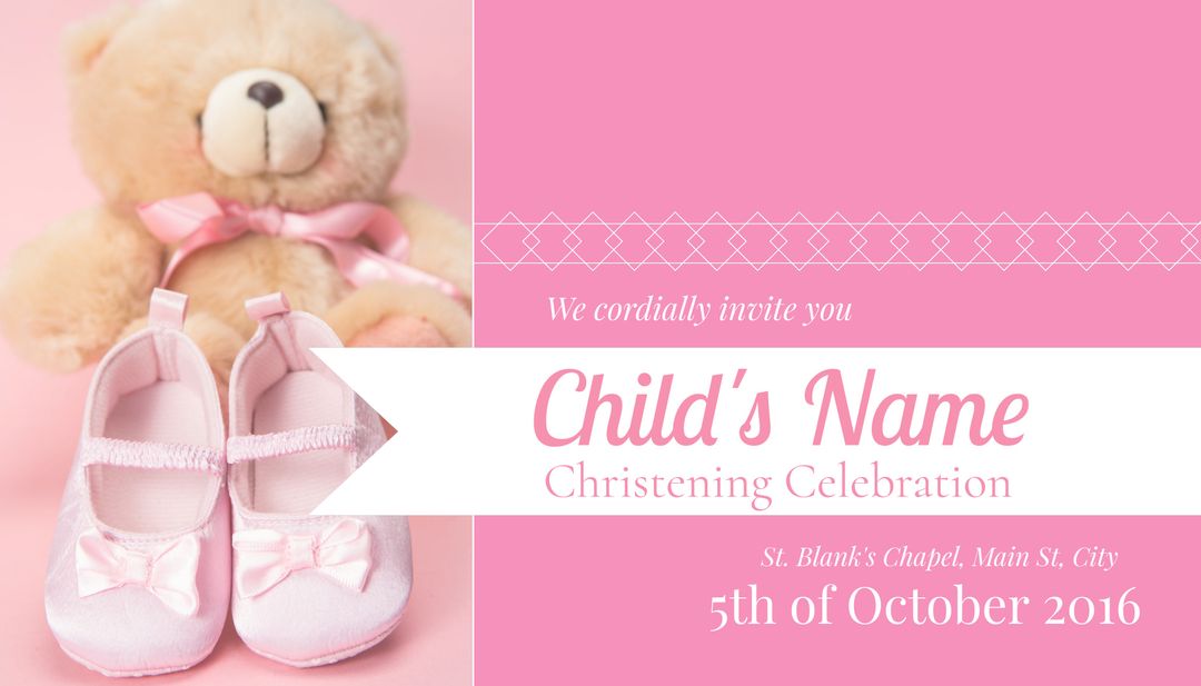 Soft Pink Shoe and Teddy Christening Invitation Design - Download Free Stock Templates Pikwizard.com